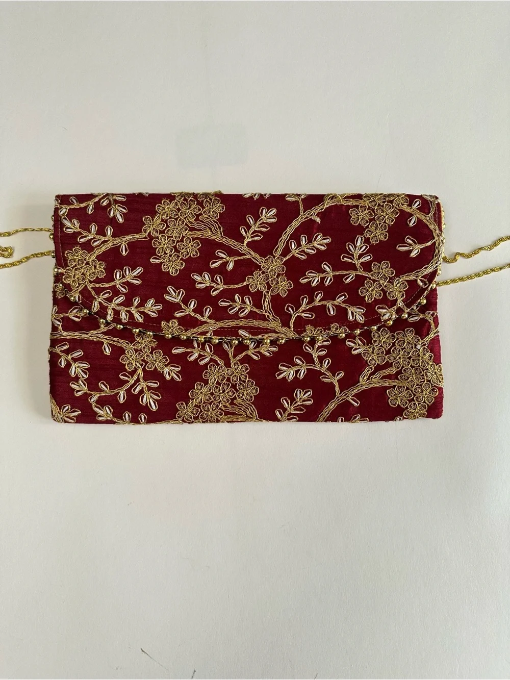 Romantic Boho Embroidered Burgundy Gold Floral Chain Strap Evening Clutch